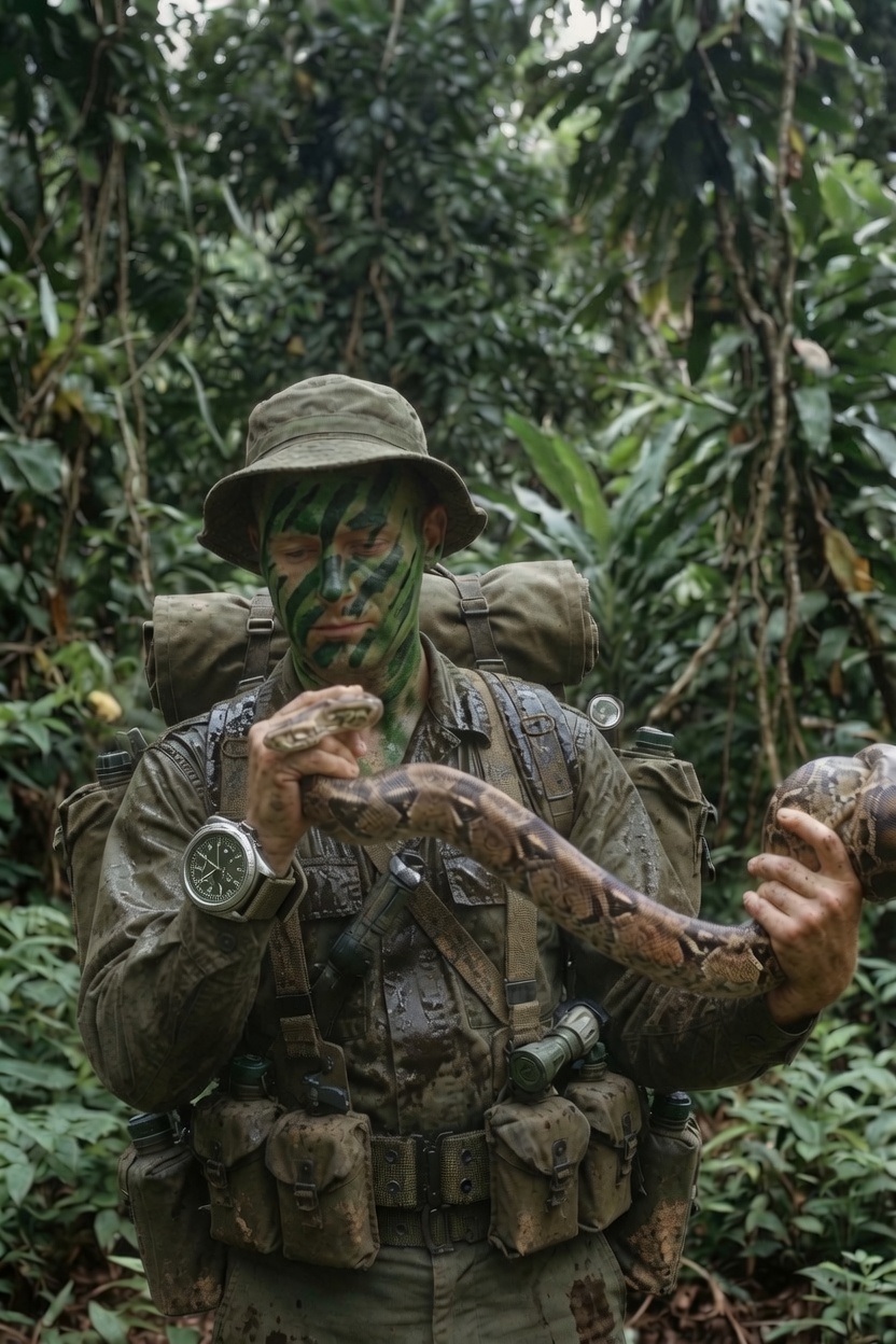 Jeff Daley concealed in dense jungle vegetation